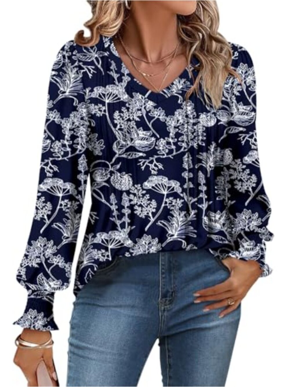 Womens Tunic Top V Neck Puff Long Sleeve Pleated Flowy Blouse